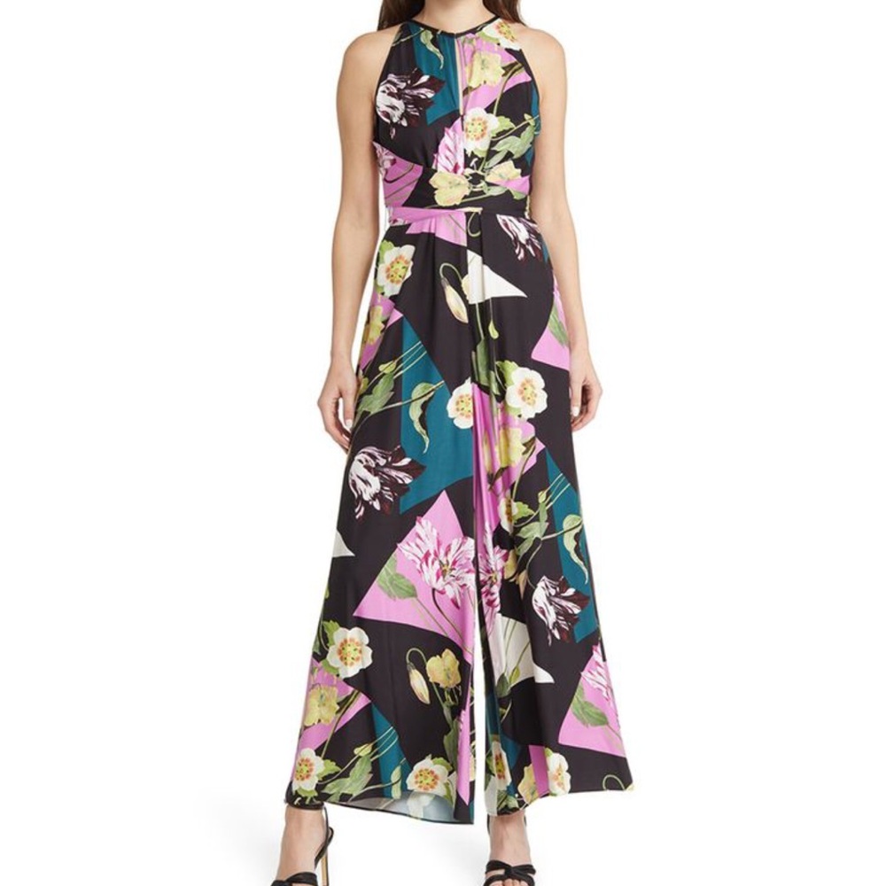 Ted Baker Maudee Floral Halter Neck Jumpsuit Size 0 US XS Pocket Wide Leg Preppy